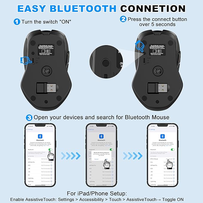 Bluetooth Wireless Computer Mouse, 2.4G Rechargeable Small Ergonomic Optical Mouse Jiggler for Office/Home with Forward/Back Buttons & USB-C/USB-A for Laptop, Desktop, PC, Mac, MacBook - Black