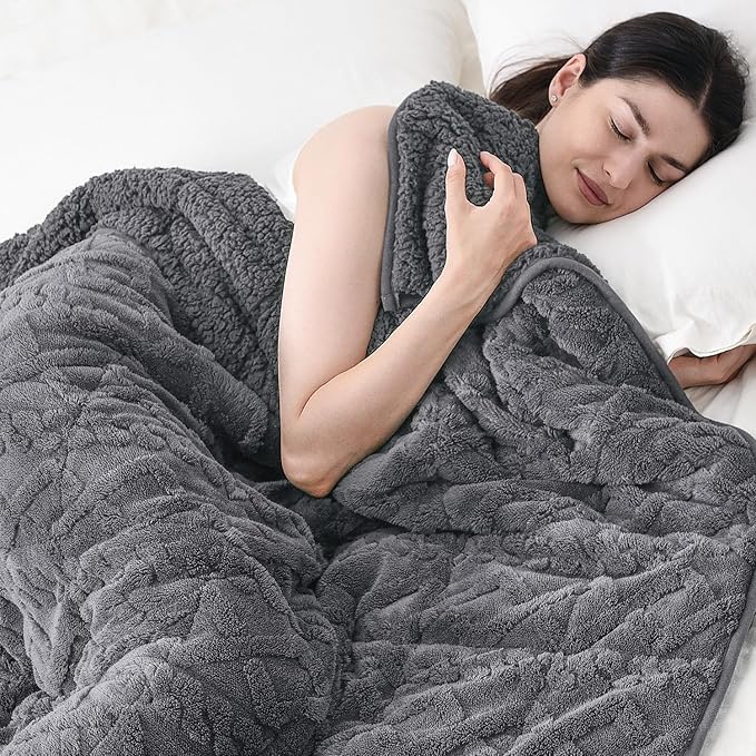 Topblan Weighted Blanket Twin Size 12 lbs, Soft Weighted Blanket with Doubled-Sized Shaggy Sherpa, Jacquard Knitted Stylish Warm Weighted Blankets Throw for Better Sleep, Grey, 48 x 72 inches