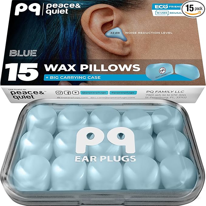 Peace&Quiet | PQ Wax Ear Plugs for Sleeping, Swimming - Soft Noise Cancelling Silicone Gel Wax Earplugs for Sleep and Swimmers, Sound Blocking Level of 32 Db, Color: Blue