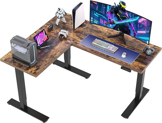 SANODESK L Shaped Standing Desk Adjustable Height, Electric Corner Standing Desk, 63 x 55 inch Sit Stand Computer Table with Splice Board, Rustic Brown