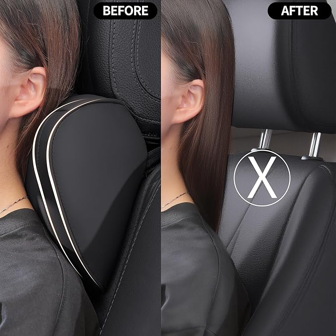 Car Headrest Pillow 100% Memory Foam, Breathable Removable Leather Cover, Premium Seat Support Head Neck Cushion for Driving Travel Home Office, Black, 2 Pack