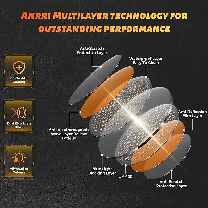 ANRRI Blue Light Glasses for Computer & Gaming - Amber Lenses Reduce Eye Strain Max Protection Sleep Glasses Mens and Women