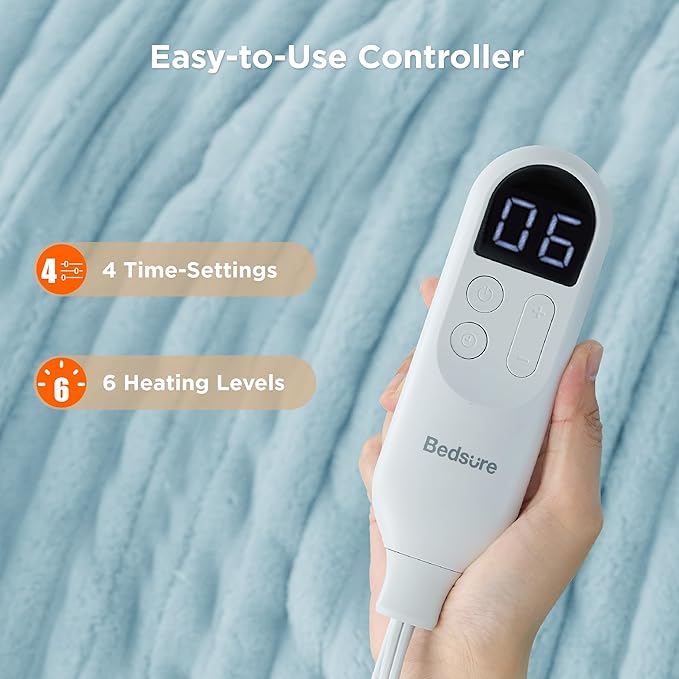 Bedsure Heated Blanket Electric Throw - Thick Striped Flannel Electric Blanket, Heating with 4 Time Settings, 6 Heat Settings, and 3-Hour Timer Auto Shut Off, Gift for Grandma (50"x60", Light Blue)