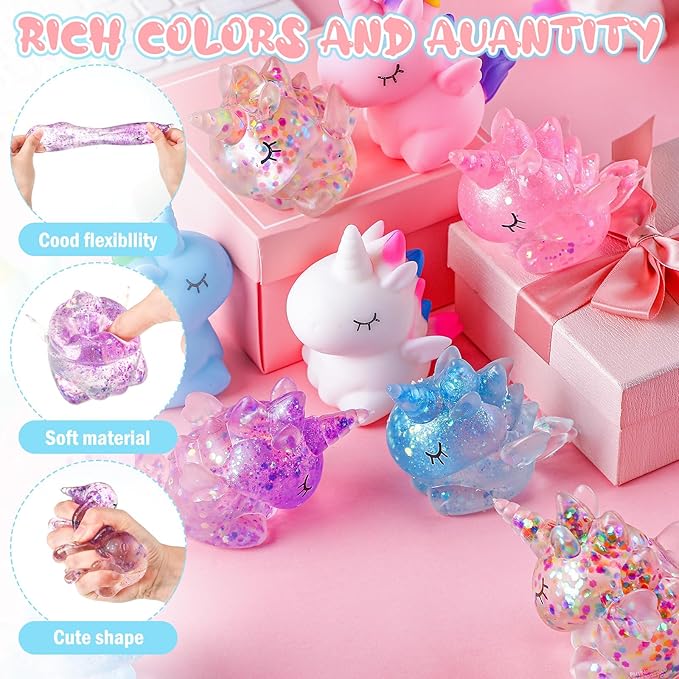 Meooeck 24 Pcs Unicorn Stress Relief Toys Mini Animal Toys for Relief Cute and Fun Stress Balls Unicorn Birthday Party Decorations for Christmas, Office, Stocking Stuffer Gift