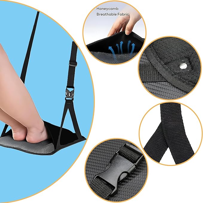 Airplane Footrest Adjustable Feet Rest for Plane Easy to Use Foot Hammock Airplane Travel Essentials Portable Light Leg Hammock for Plane Travel Accessories for Adult (Black, 4 Pack)