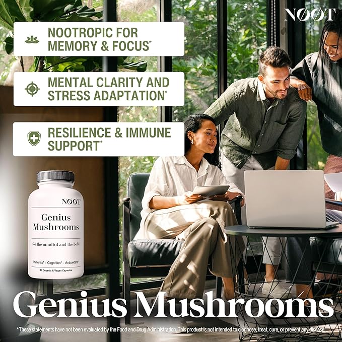 Genius Mushrooms Organic Mushroom Supplement - Nootropic Adaptogenic Vegan Brain Supplements for Memory and Focus, Biohacking, Immunity and Resilience 60 Capsules, 2 Month Supply