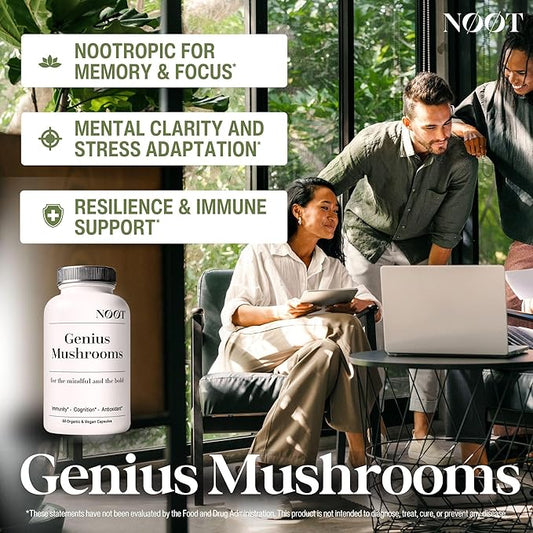 Genius Mushrooms Organic Mushroom Supplement - Nootropic Adaptogenic Vegan Brain Supplements for Memory and Focus, Biohacking, Immunity and Resilience 60 Capsules, 2 Month Supply