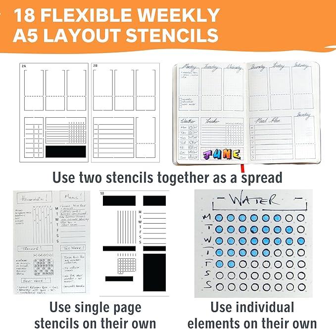 Weekly Planner Layout Journaling Supplies Kit (32 pcs) - 18 Weekly Layout A5 Planner Stencils and 14 Sheets Colorful Planner Stickers, Planner Accessories Compatible with A5 Bullet Journals