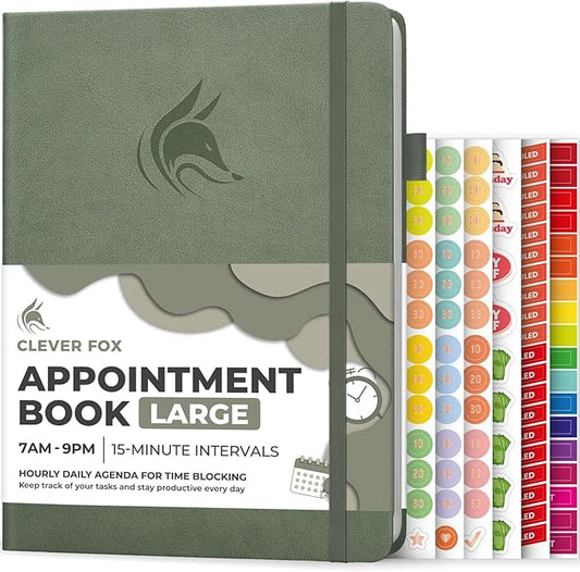 Clever Fox Appointment Book – Hourly Schedule Planner with 15-Minute Increments – Time Box Planner for Daily Work & To-Dos – Weekly & Monthly Spreads, Undated, Hardcover, 8.3x11″ (Cypress)