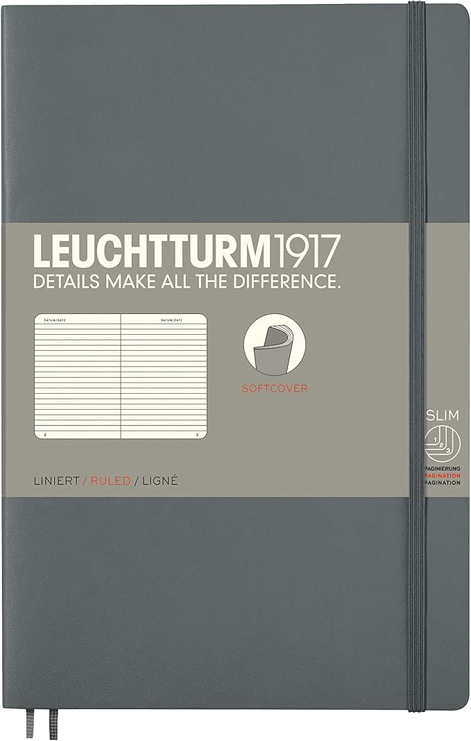 LEUCHTTURM1917 - Notebook Softcover Pocket A6-123 Numbered Pages for Writing and Journaling (Ruled, Anthracite)