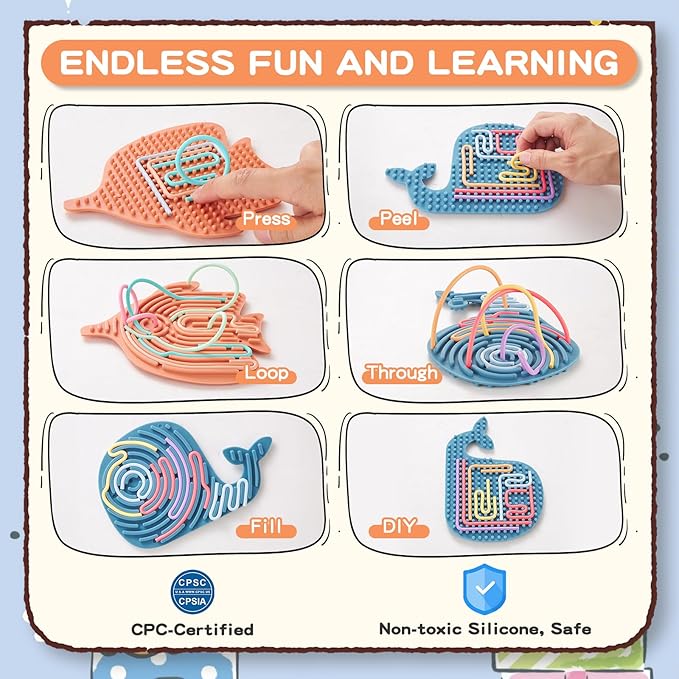 2 Pack Double-Sided Silicone Sensory Fidget Toy with 20 Random-Color Strings, Sensory Activity Board for Kids and Adults with Autism, ADHD, Silent, Stress Relief, Calming, Focus, Gift for Girls Boys