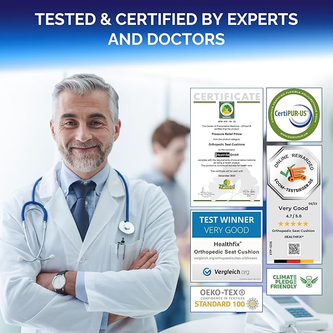 Healthfix® Orthopedic Seat Cushion – Ergonomic Memory Foam Coccyx Cushion with Washable Breathable Cover & Non-Slip Base – Tailbone & Sciatica Pain Relief Pillow for Office Chair (Medium)