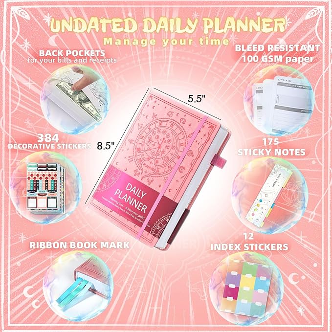 2025 Undated Academic Planner Hardcover (5.5x8.5") - Flexible Weekly & Monthly Organizer with Stickers, Productivity Journal for Students & Professionals(Pink)