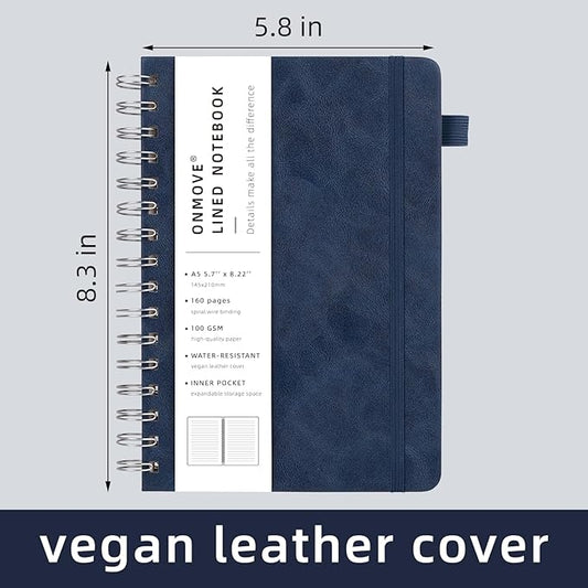 Spiral Notebooks Journal for Women Men 12 Pack Bulk Leather Hardcover with Pen Holder A5 160 Pages 100 GSM Thick Paper for Work School Lined Navy Blue