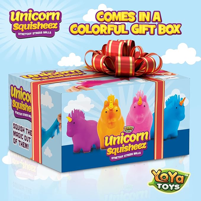 YoYa Toys Unicorn Squisheez Squishy Stress Relief Balls (Set Of 4) | Stretchy Magical Fidget Toys For Boys, Girls & Adults | Cute Colorful Sensory Squeeze Stretch Toy | Great For ADHD, Autism, Anxiety