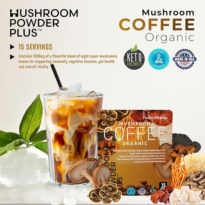 Organic Mushroom Coffee Certified Mold & Mycotoxin Free GrassFed Collagen Types I & III 8 Fruiting Body Mushrooms Tested for BetaGlucans Focus Energy Digestion & Immunity 15 Servings