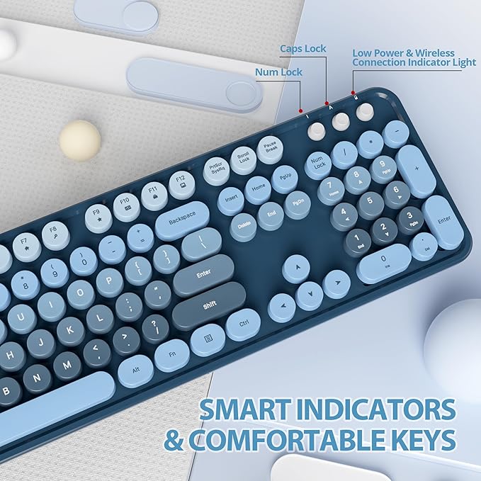 Fogruaden Blue Keyboard and Mouse Wireless, Retro Typewriter Keyboard, 2.4GHz 104 Keys Full Size Cute Keyboard with Number Pad, Gradient Colorful Round Keycaps for Windows PC Desktops Laptop