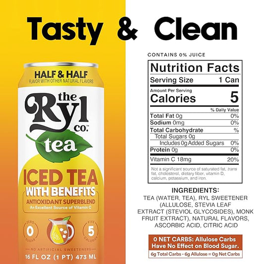 Ryl Half & Half Iced Tea – Antioxidant Superblend, No Artificial Ingredients, Zero Sugar, Five Calories, Low Carb, Non-GMO, Kosher, Gluten Free, Made in the USA, 12-Pack, 16 Fl Oz