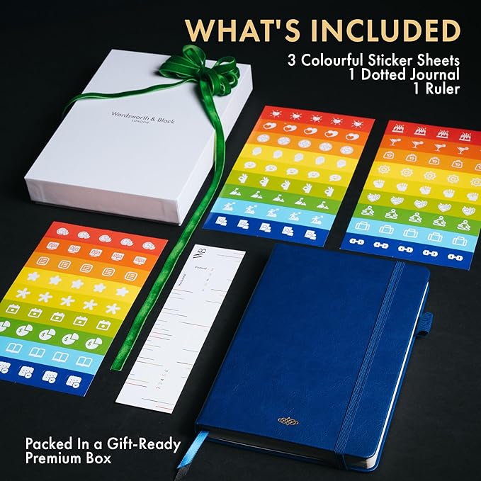 Wordsworth & Black A5 Bullet Dotted Journal 216 Dotted Pages, Hardcover Grid Dot Leather, 120 GSM Paper, Journaling Notebook for Work & Sketching, Journals for Women, Men - Gifts Box Included Blue