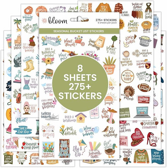 bloom daily planners Seasonal Bucket List Planner Stickers - Spring, Summer, Fall, Winter Activity Goals for Adults - 8 Sheets / 275+ Illustrations - Adventure Icons for Planning or Scrapbooking