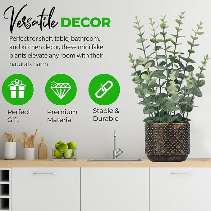 Artificial Plants Indoor Small, Mini Fake Potted Plants Faux Greenery for Shelf, Table, Bathroom and Kitchen Decor - Desk Plants for Office and Home Decoration (Eucalyptus Leaf)