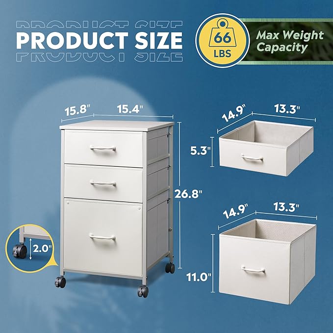 DEVAISE Mobile File Cabinet, Rolling Printer Stand with 3 Drawers, Fabric Vertical Filing Cabinet fits A4 or Letter Size for Home Office, White