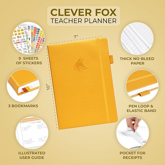 Clever Fox Teacher Planner – School Year Planner with Calendars & Lesson Plans – Teacher Plan Book for Classroom & Homeschool Organization - Undated, 7x10″, Hardcover (Amber Yellow)