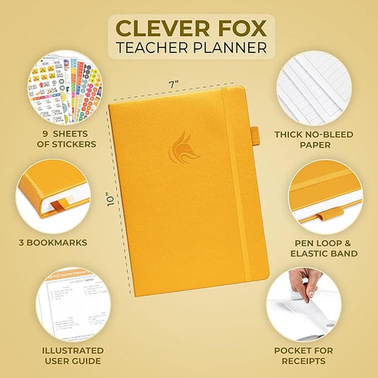 Clever Fox Teacher Planner – School Year Planner with Calendars & Lesson Plans – Teacher Plan Book for Classroom & Homeschool Organization - Undated, 7x10″, Hardcover (Amber Yellow)
