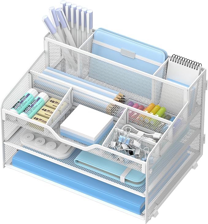 3 Tier Mesh Desk Organizer,Multi Functional Letter Paper Tray with 3 Pen Holders and 5 Adjustable Storage Compartments for Office Supplies Files and Mail Space Saving Desktop Organizer-White