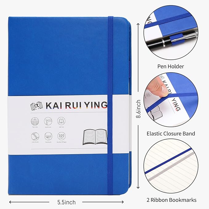 KaiRuiYing Lined Journal Notebook with Pen Holder, 320 Pages, 5.5'' × 8.6'' Medium Size A5-100 GSM Thick Paper, for Writing, Work, Office, Leather Hardcover
