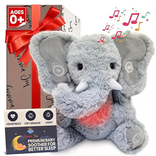 Gemma Joy Baby Sleep Soother Elephant for Baby – Cry Activated Heartbeat Stuffed Animal – Rechargeable Crib Soother with White Noise, Shush, Lullabies & Night Light – Newborn Essentials Must Haves