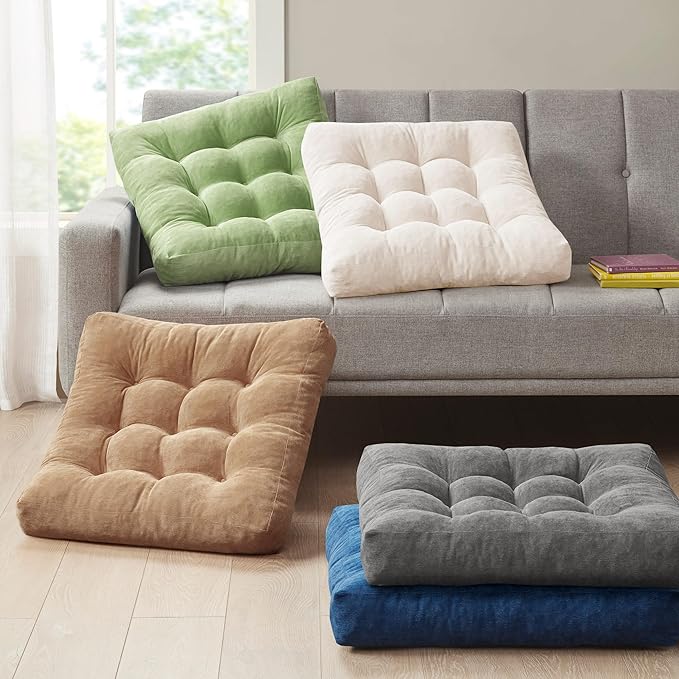 Meditation Floor Pillow Set of 2, Square Large Pillows Seating for Adults, Tufted Corduroy Cushion for Balcony Outdoor Tatami Living Room, Beige, 22x22 Inch