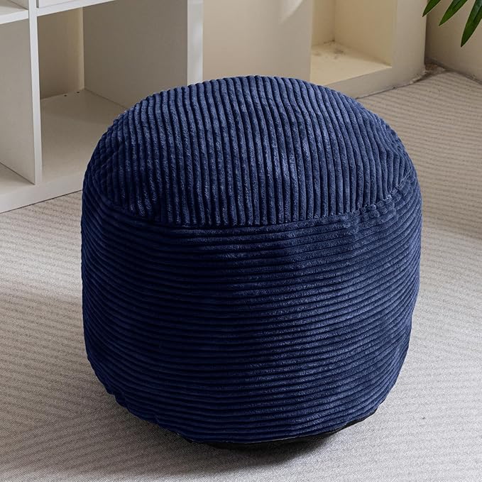 HIGOGOGO Round Stuffed Pouf Ottoman, Corduroy Poufs with Foam Chunk Filling, Furry and Fluffy Pouf Foot Stool Storage Ottoman, 20 X 15 Floor Poufs Foot Rest for Living Room, Navy