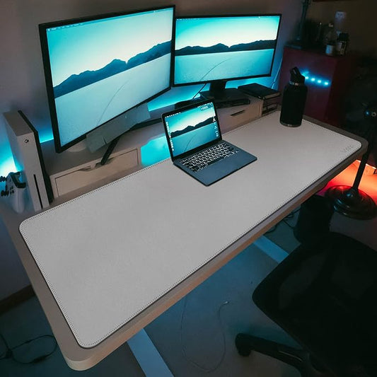Desk Mat on top of Desks, Vyaaa 63" x 23.6" PU Leather Desk Mat, Large Desk Blotter Pad for Office, Home, Gaming, Computer, Laptop, Keyboard and Mouse - Light Gray