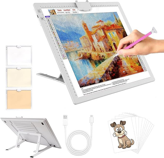 A3 Rechargeable LED Light Pad,Light Box for Tracing with Integrated Stand,3 Light Colors 6 Levels of Brightness and stepless dimming,Light Board for Diamond Painting,Drawing,Artists