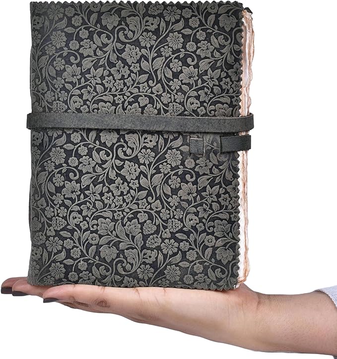 LEATHER VILLAGE Leather Bound Floral Embossed Journal for Women Men - 200 Pages, 13X8 Inches, Black - Book of Shadows, Vintage Blank Paper Travel Diary, Notebook for Writing, Drawing, Sketchbook