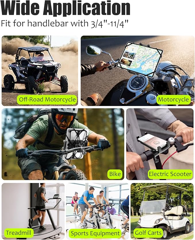 Motorcycle Phone Tablet Mount for 3/4"-11/4" Handlebar, Dual Protection Bike Tablet Holder Fits 4-11" Devices, Bicycle Scooter Handlebar Clamp for iPad Pro/Air/Mini, Galaxy Tab Z Fold