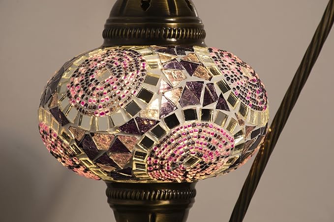 mozaist Tiffany Style Mosaic Table Lamp, Turkish Moroccan Authentic Desk Light for Rustic Living Room Decor, Handmade Vintage Antique Mosaic Decorative Light with E12 Socket & US Plug (Purple)