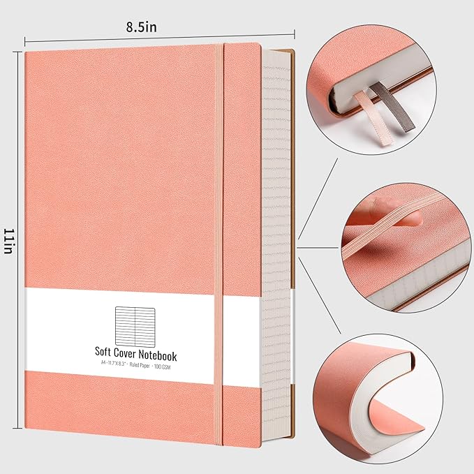 AHGXG Lined Journal Notebook - 320 Pages Thick Journal for Women, Large Notebook A4 College Ruled, 8.5''×11'', 100gsm Thick Paper, Leather Softcover - Pink