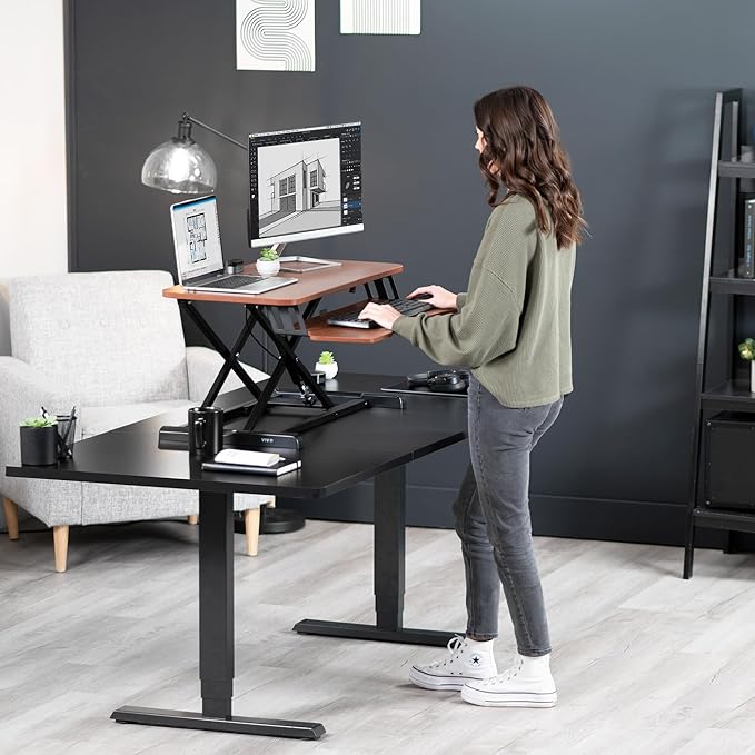 VIVO 42 inch Desk Converter, K Series, Height Adjustable Sit to Stand Riser, Dual Monitor and Laptop Workstation with Wide Keyboard Tray, Dark Walnut Top, Black Frame, DESK-V042KA