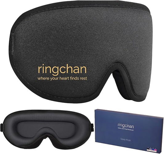ringchan True Blackout Eye Masks for Sleep, Office Nap or Long Flight Trip, Zero Pressure on Eyeballs and Eyelids, Conveniently Adjustable Strap, Soft and Comfortable Night Blindfold - Jet Black