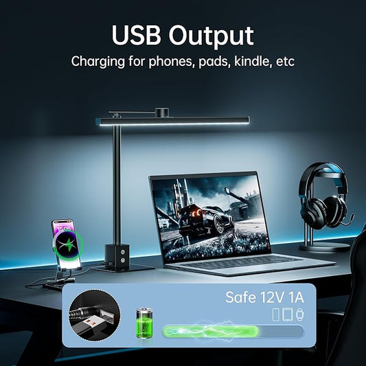 deeloop 2-in-1 LED Desk Lamp or Clamp with USB Charging for Home Office, CRI 95+ for Sunlight-Like Spectrum, 45° Asymmetric Glare‑Free Light, Memory Dimming Desk Light, Full‑Angle 3‑Axis Office Lamp