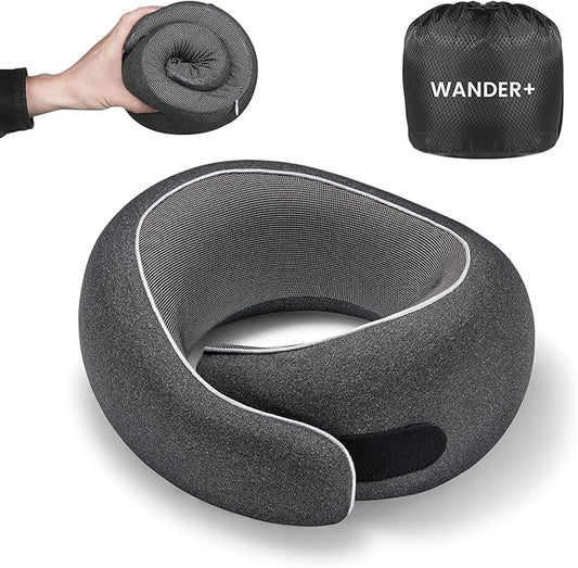 WANDER PLUS® Travel Pillow, 100% Pure Memory Foam Travel Neck Pillow Airplane Neck Support Ergonomic Design Best for Sleeping Plane Car Train Office Flight for Adults Black