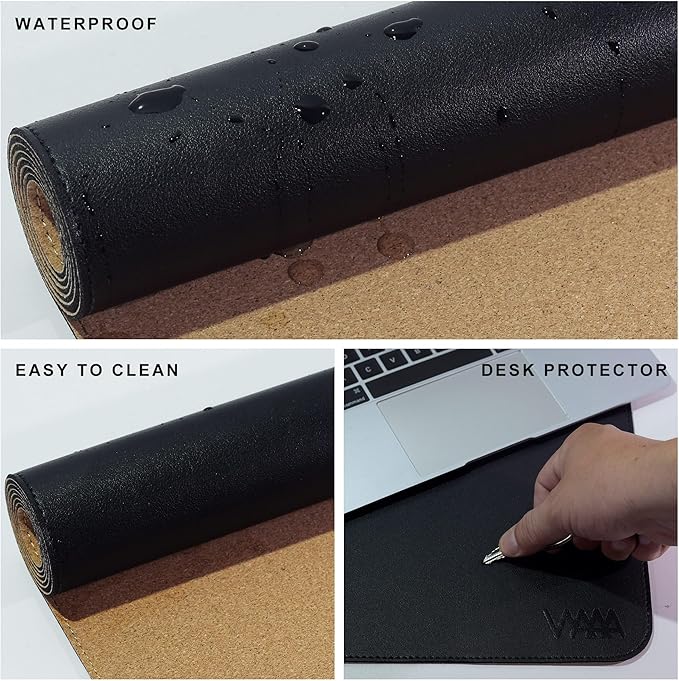 Vyaaa Cork & Leather Desk Mat, 47.2" x 15.7" Dual Sided Leather Desk Pad, Large Mouse Pad ，Waterproof Extra Large Desk Mat, Desk Mats on top of Desks for Home or Office (Black)
