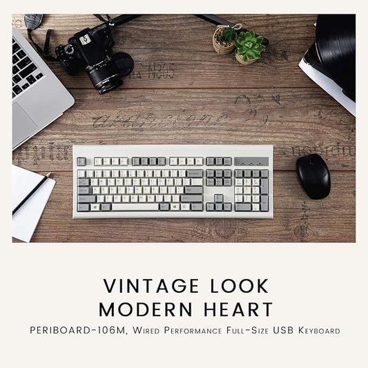 Perixx PERIBOARD-106M, Wired Performance Full-Size USB Keyboard, Curved Ergonomic Keys, Classic Retro Gray/White Color, US English Layout
