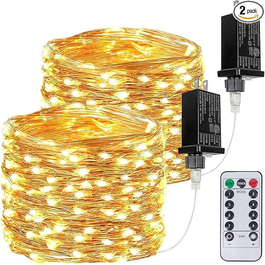 2Pack Each 33Ft 100 LED Fairy Lights Plug in with Remote, Waterproof String Lights Outdoor & Indoor, String Lights 8 Modes with Timer, Twinkle Light for Girl's Room Christmas Decorations (Warm White)