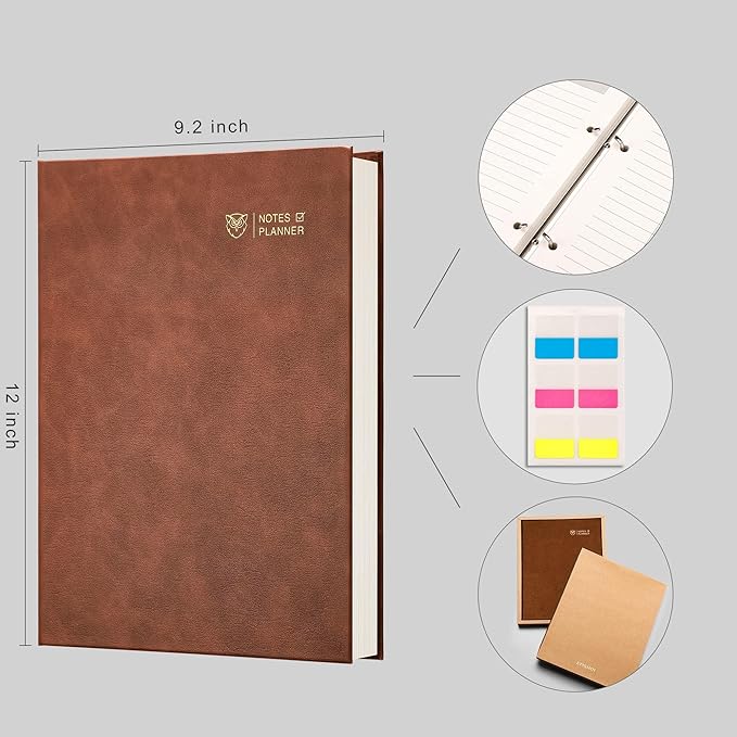 EMSHOI Undated Daily Planner - A4 Large To Do List Notebook Appointment Book for Productivity Time Management, with Hourly Planner Refills, Hardcover Binder Leather Journal - 240 Pages, 9.2x12