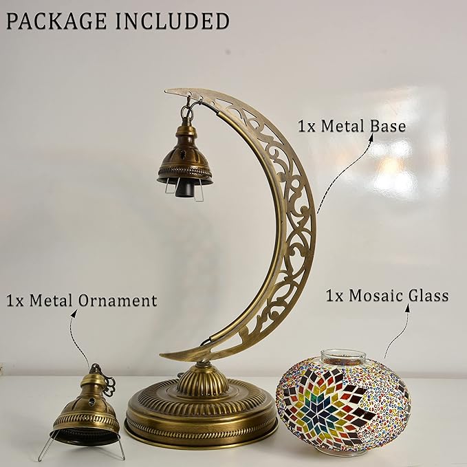 mozaist Turkish Tiffany Style Moon Shape Table Lamp, Moroccan Mosaic Crescent Handcraft Desk Light, Rustic Stained Glass Dining Room, Bedside Colorful Home Decor with E12 Socket & US Plug (Sunflower)