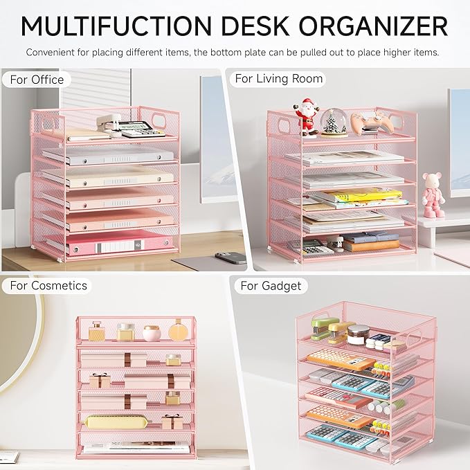 6 Tray Paper Organizer Letter Tray with Handle - Mesh Desk File Organizer, Paper Sorter Organizer for Office, Home or School File Folder Holder - Pink