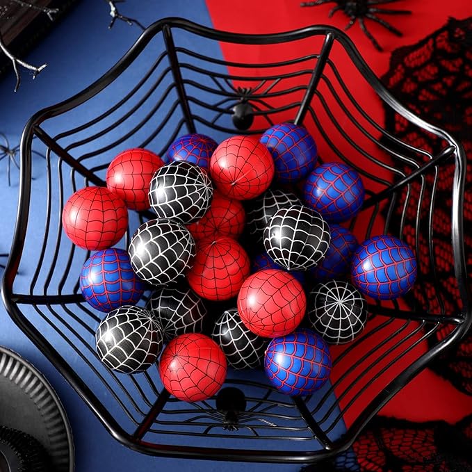 Meooeck 24 Pcs Spider Web Stress Balls Bulk 1.57 Inch Relief Stress Balls Mini Foam Anxiety Fidget Toys Squeeze Sensory Toys Squishy Blue Red Black Spider Web Finger Exercise Birthday Party Favors